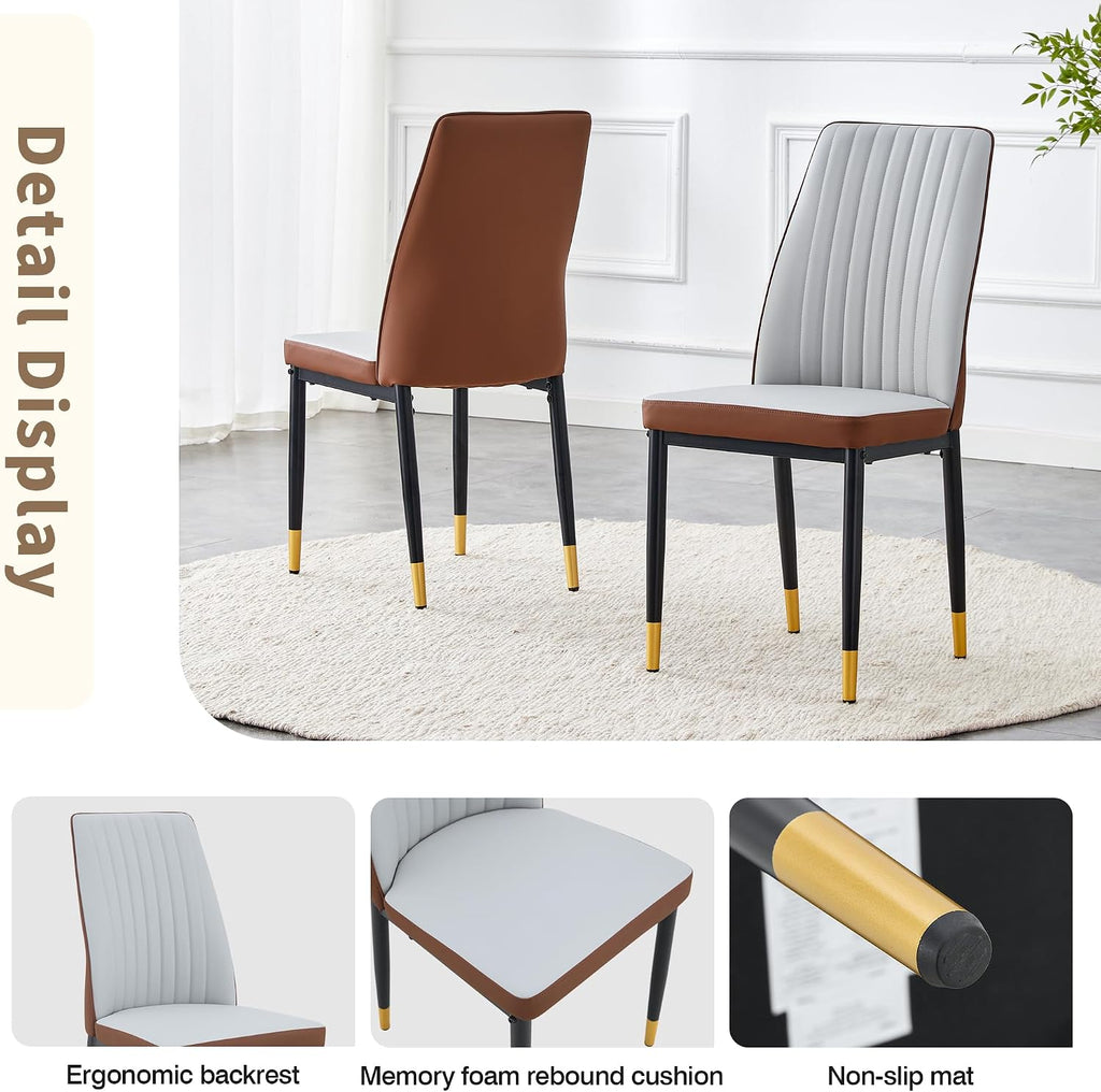 Upholstered Dining Chairs Set of 6, Mid-Century Modern Leather Dining Room Chair with Metal Legs & Padded Seat, Stylish Elegant Living Room Accent Chair (Brown-Grey, Set of 6)