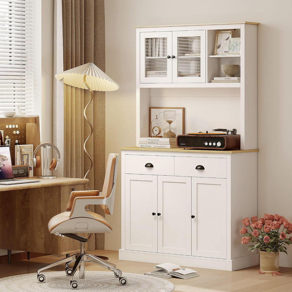 Modern Freestanding Pantry Cabinet 71in H x 39.25in W: White Finish, Warm Oak Countertop, 4-Tier Adjustable Shelves, 35.5in Surface w/Cable Hole, 176lb Capacity