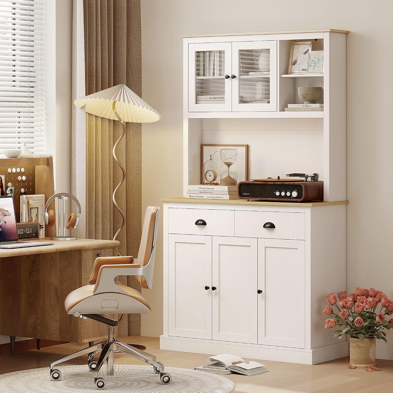 Modern Freestanding Pantry Cabinet 71in H x 39.25in W: White Finish, Warm Oak Countertop, 4-Tier Adjustable Shelves, 35.5in Surface w/Cable Hole, 176lb Capacity