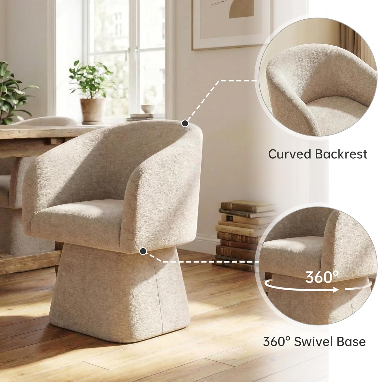 VKNOW Upholstered Swivel Dining Chairs Set of 2, Modern Dining Room Chairs with Barrel Back, Accent Arm Chair for Dining Room, Living Room, Bedroom, Vanity, Khaki