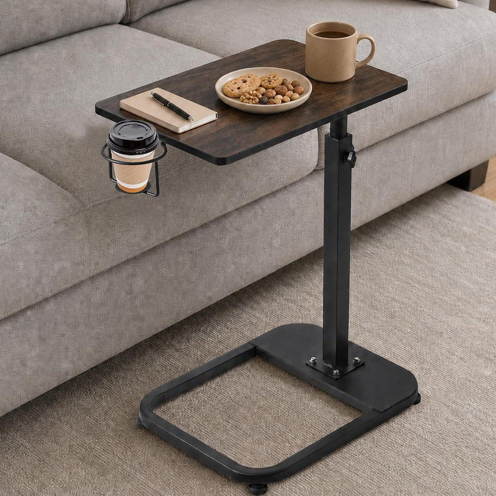 facka Adjustable C-Shaped TV Tray Table 18-32 Inch Height Couch Table | 15.8 x 11.8 Top, Metal Frame Side Table for Sofa, C Table, TV Dinner Tray Table, Laptop Snack Table for Small Spaces Brown