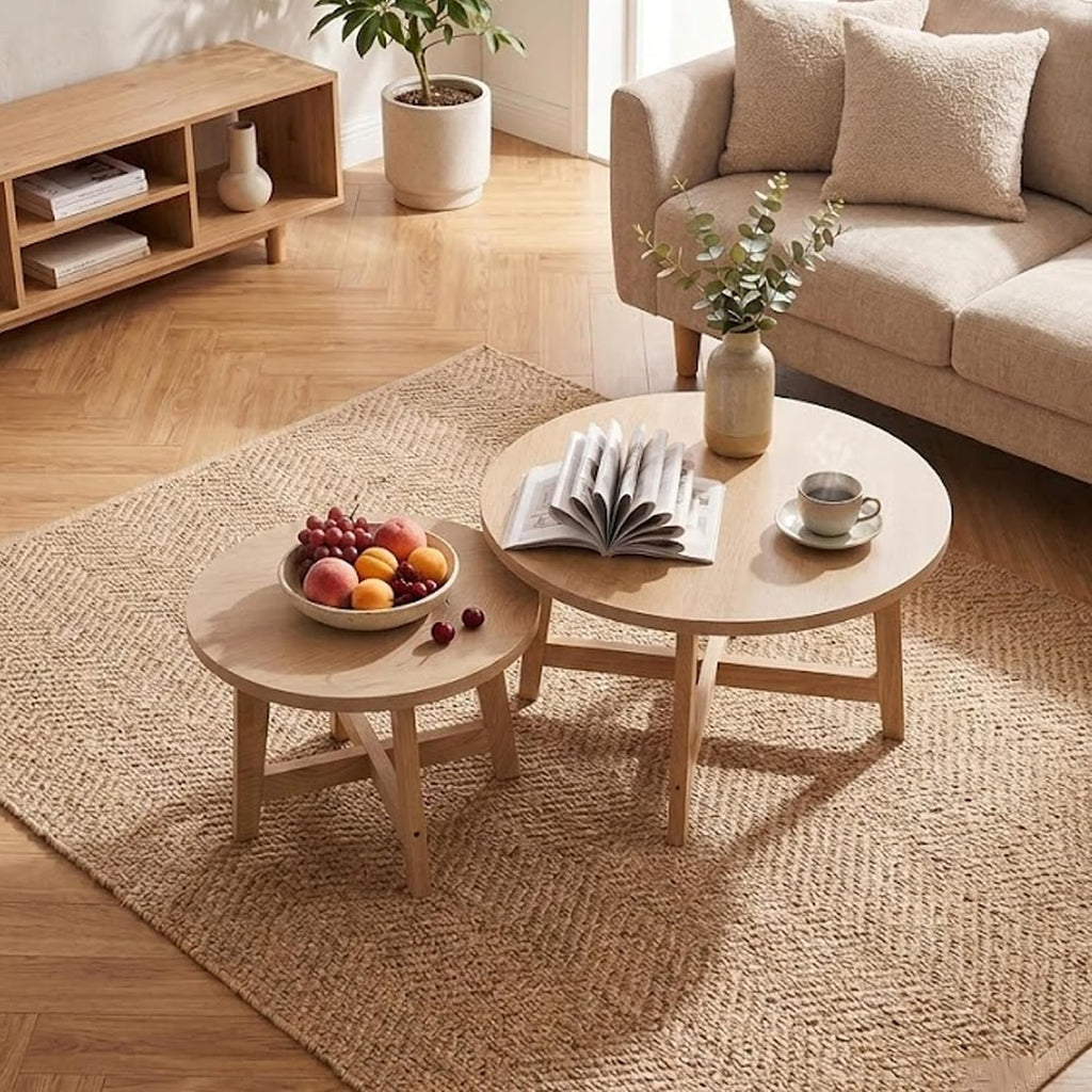 Round Nesting Coffee Tables, Set of 2, Natural Wood Finish Modern Side Tables with X-Shaped Frame, Stackable End Tables for Living Room, Bedroom