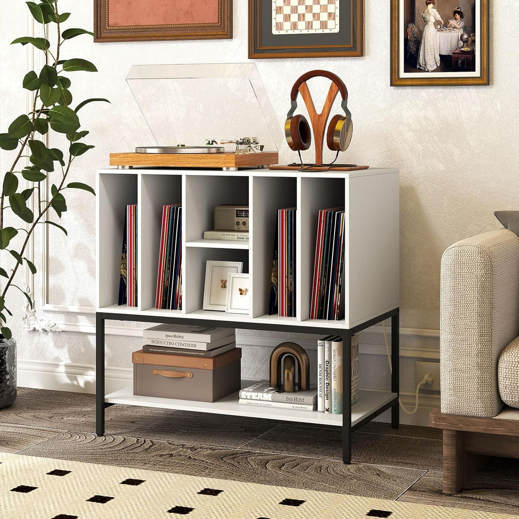 LOKO Record Player Stand with Charging Station, Turntable Stand with Vinyl Storage Holder, Record Storage Table with Metal Frame, Vinyl Display Shelf for Living Room, Music Room (White)