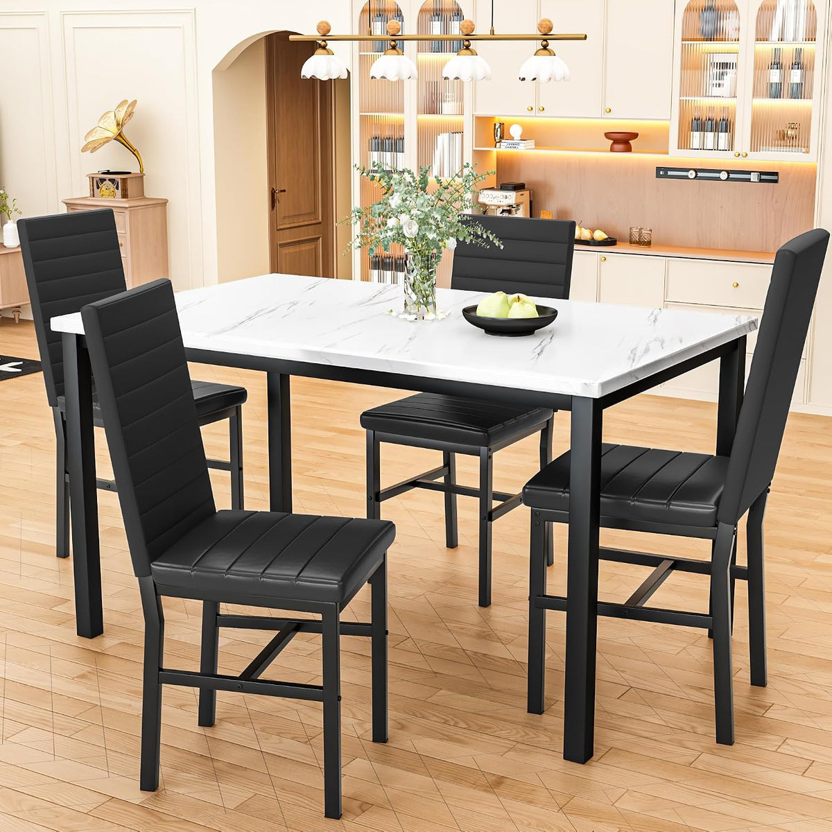 Hooseng Dining Table Set for 4, 5-Piece Faux Marble Dinner Table Set with 4 Upholstered PU Leather Chairs Kitchen Table Chairs Set Modern Space-Saving Dinette Set for Breakfast Nook Apartment Black