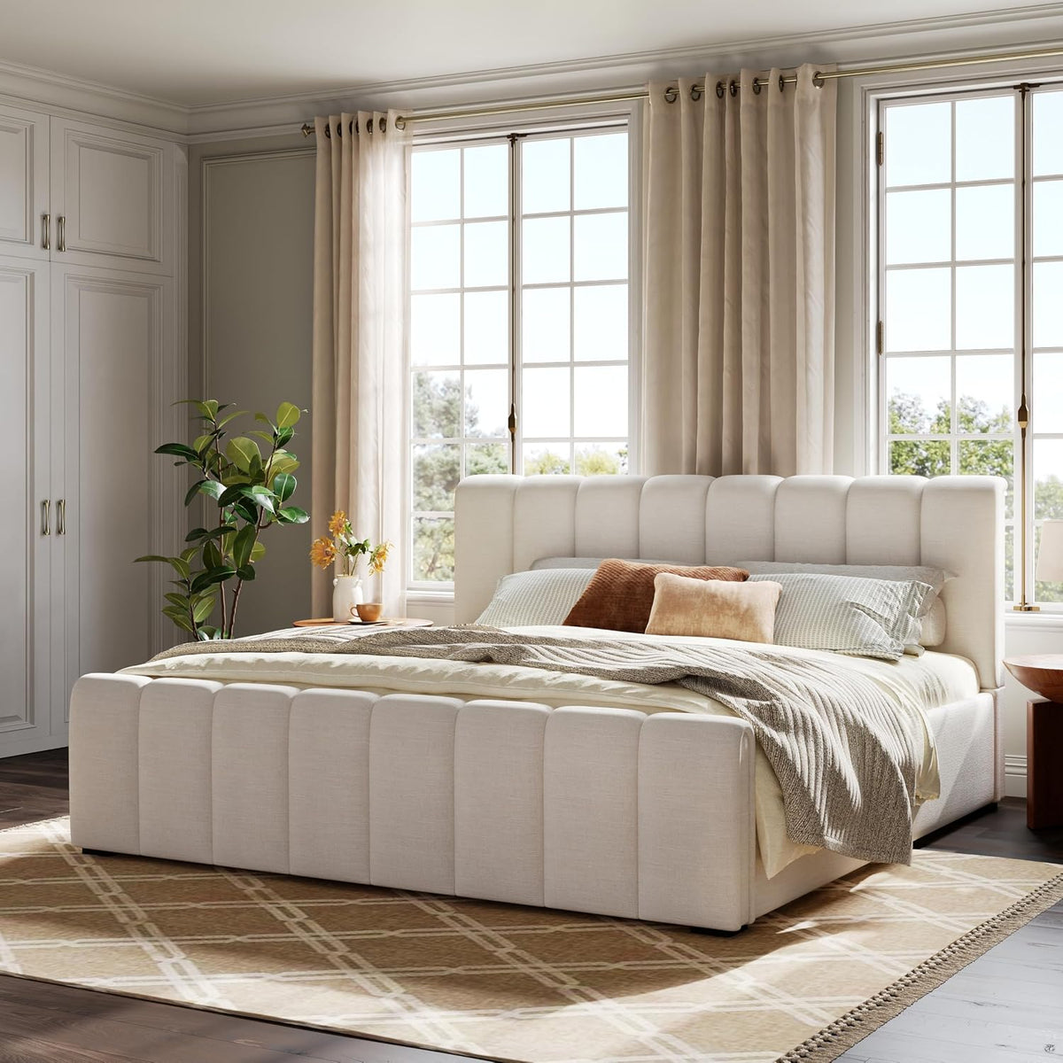 Merax King Upholstered Bed with Thick Headboard and Footboard, Beige