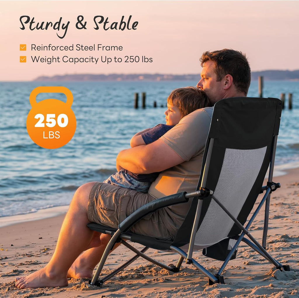 NEWBULIG Folding Camping Beach Chair for Adults, Low Profile Lawn Chair with Cup Holders & Carry Bag, Extra Wide Seat and High Back, Portable for Beach, Outdoors, Travel & Concerts, Black
