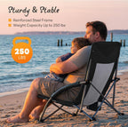 NEWBULIG Folding Camping Beach Chair for Adults, Low Profile Lawn Chair with Cup Holders & Carry Bag, Extra Wide Seat and High Back, Portable for Beach, Outdoors, Travel & Concerts, Black