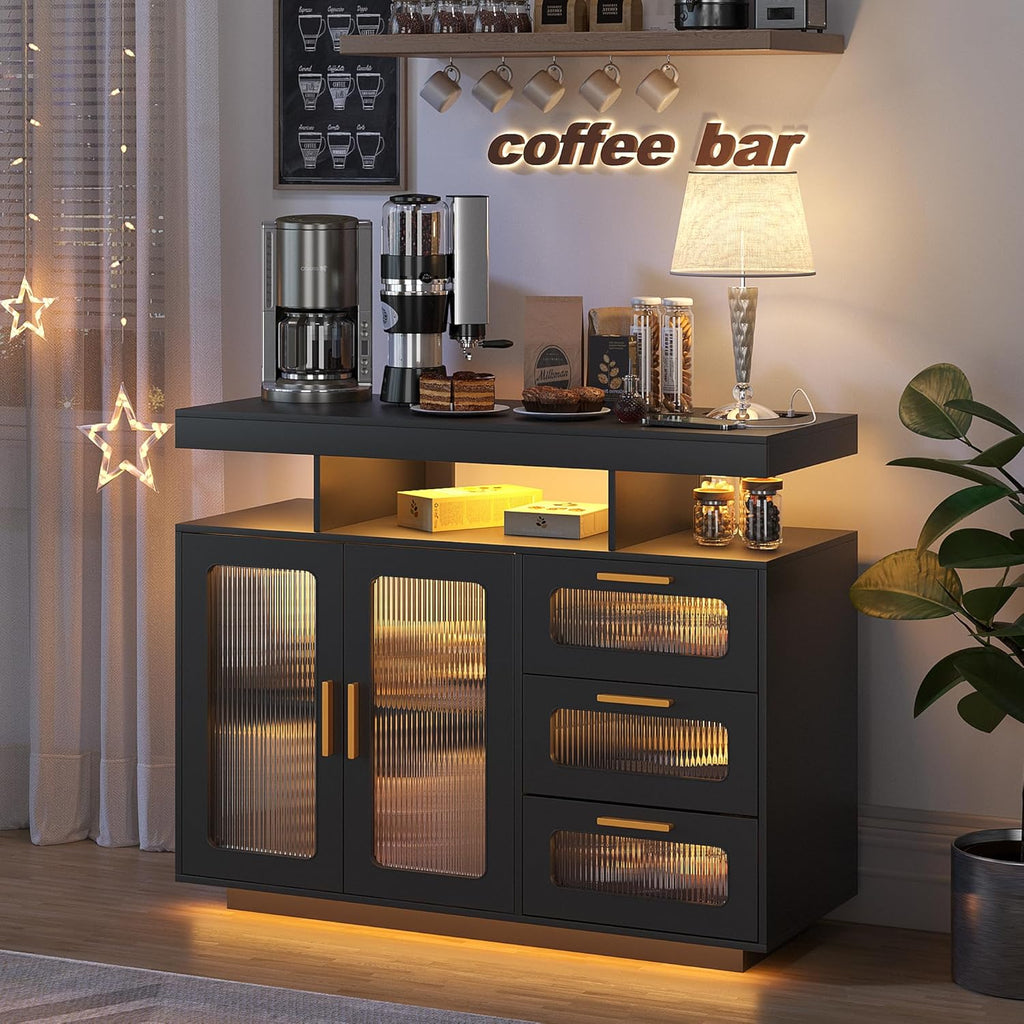 HWB Coffee Bar Cabinet with Storage, Buffet Sideboard with RGB Light, Modern Coffee Bar Table with Charging Station, Black