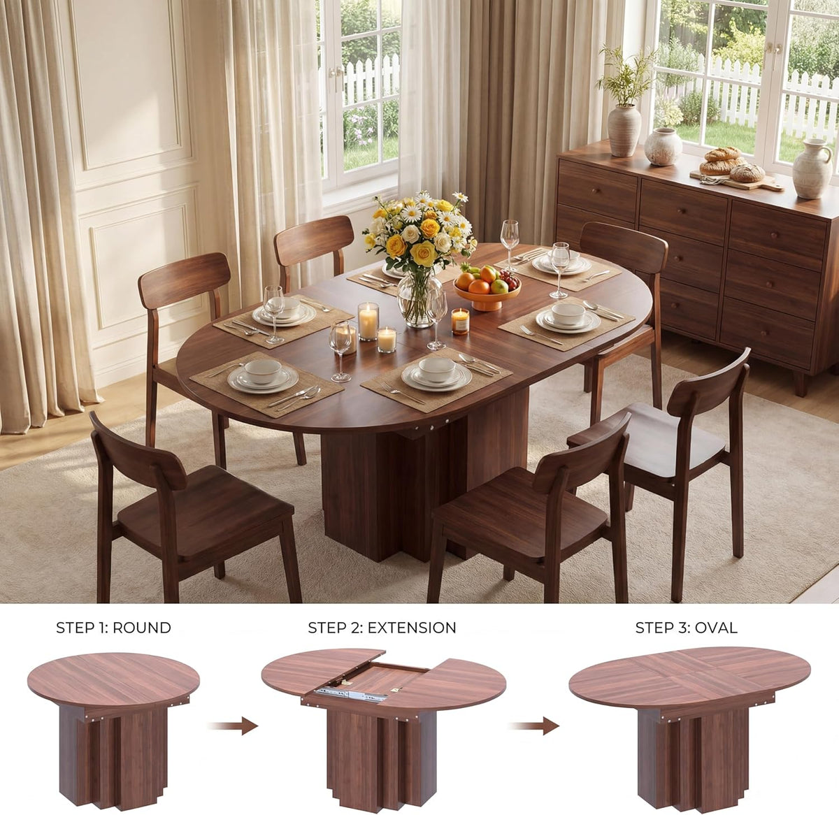 Extendable Round Dining Table, 45.3"-61" Space Saving Oval Kitchen Table with Self-Storing Butterfly Leaf, Modern Farmhouse Walnut Dining Room Table with Fluted Pedestal Base for 4-6 People