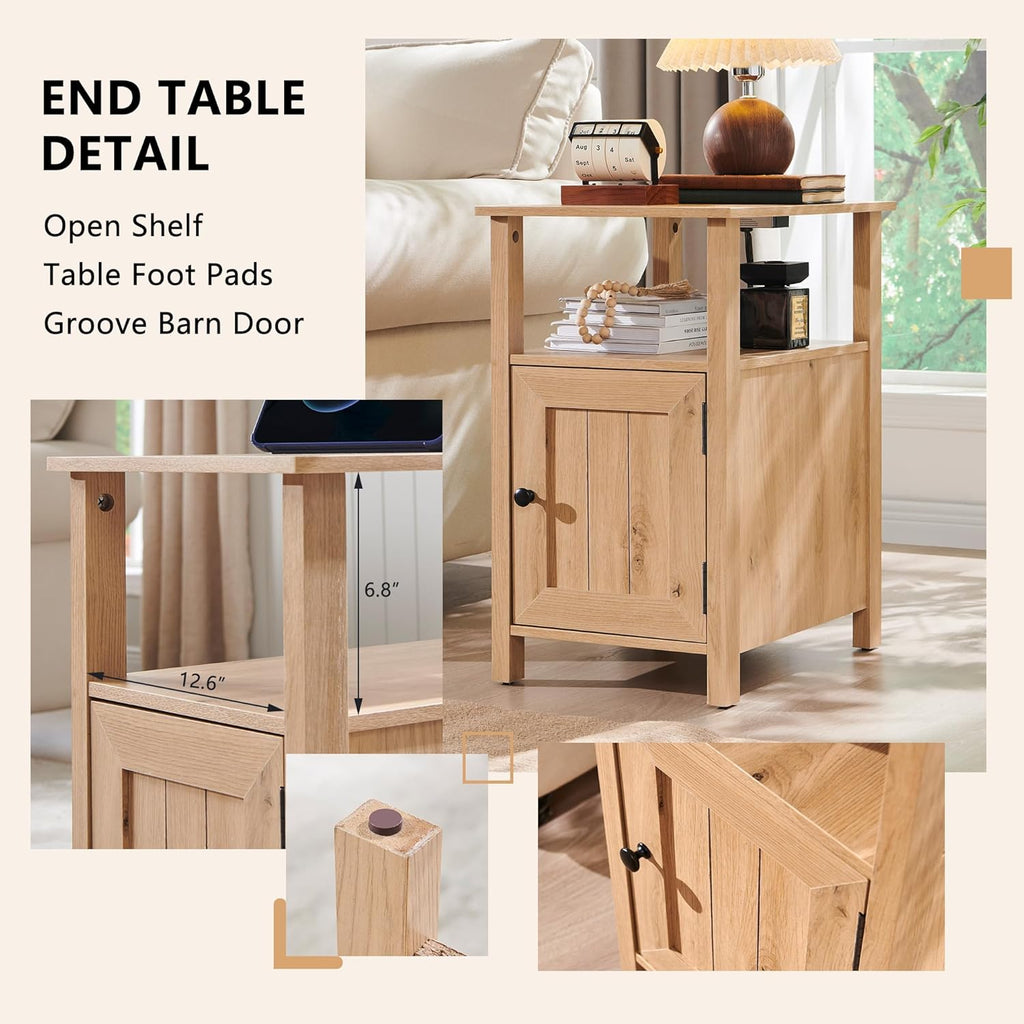 IFGET Farmhouse Nightstand Set of 2, End Table with Charging Station, Rustic Side Table w/Barn Door & Open Shelves, Bedside Table w/Storage Space and Storage Cabinet for Bedroom, Living Room (Natural)