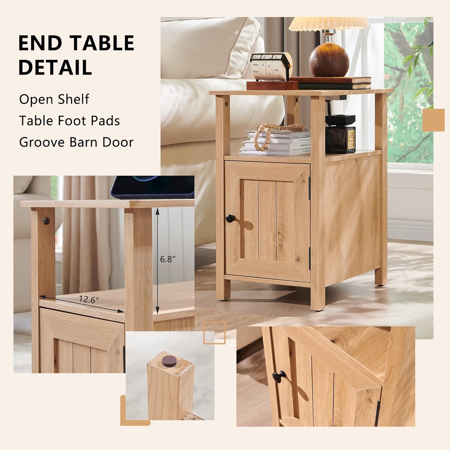 IFGET Farmhouse Nightstand Set of 2, End Table with Charging Station, Rustic Side Table w/Barn Door & Open Shelves, Bedside Table w/Storage Space and Storage Cabinet for Bedroom, Living Room (Natural)
