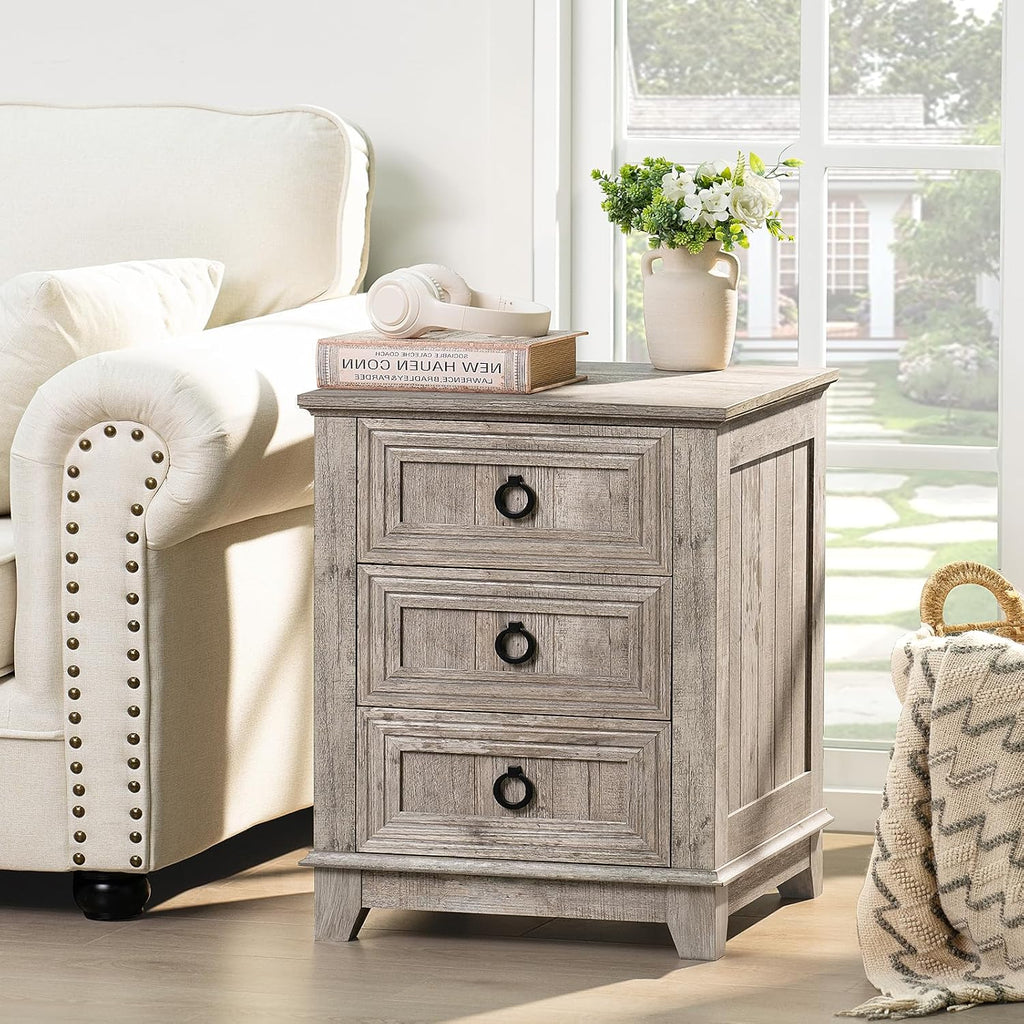 Joaxswe Farmhouse Nightstand Set 2, 18'' End Table | Sofa Bed Side Table with 3 Drawers, Oak Night Stand Cabinet for Organizer Bedroom Living Room