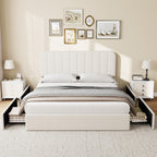 IDEALHOUSE Queen Size Velvet Upholstered Bed Frame, Beige
