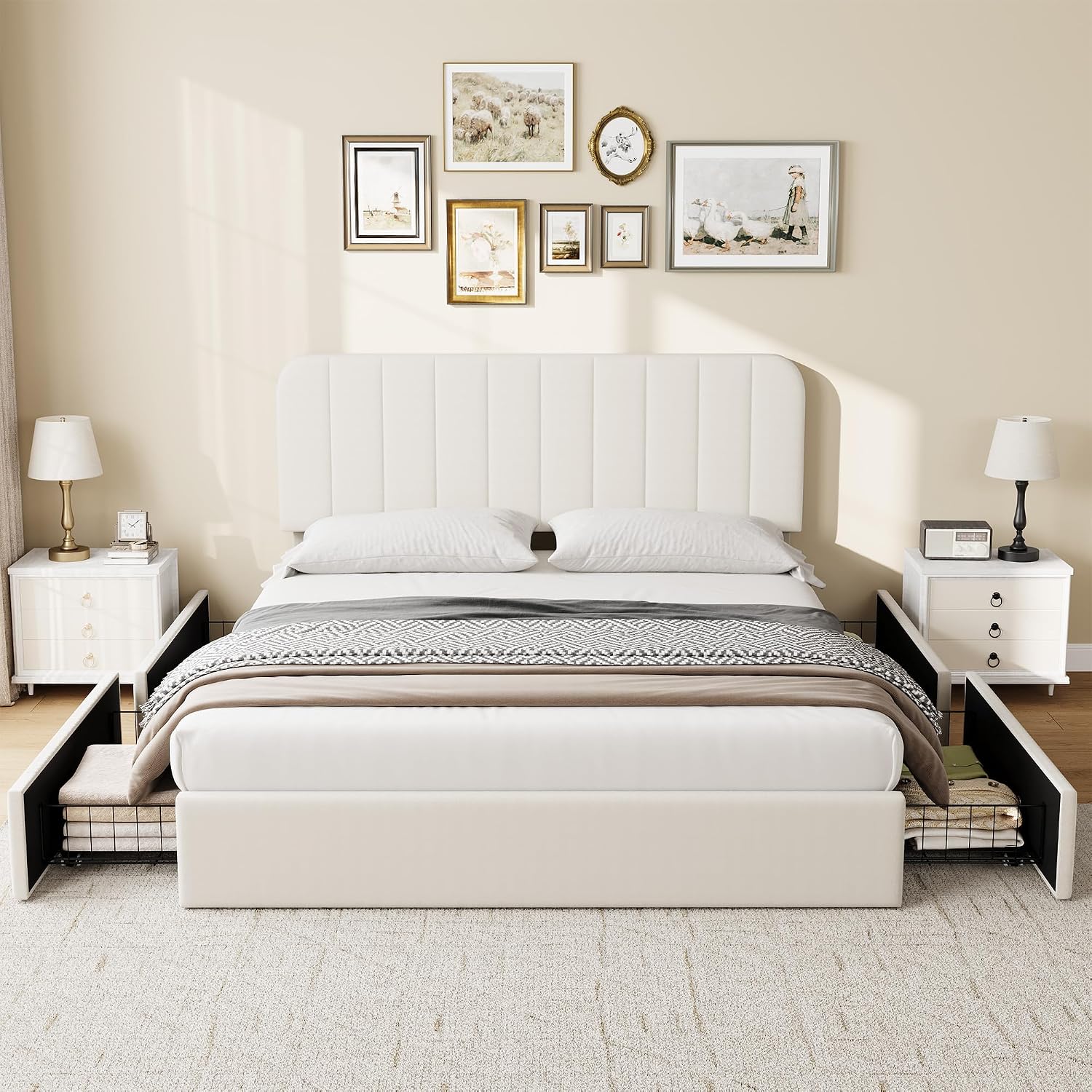 IDEALHOUSE Queen Size Velvet Upholstered Bed Frame, Beige