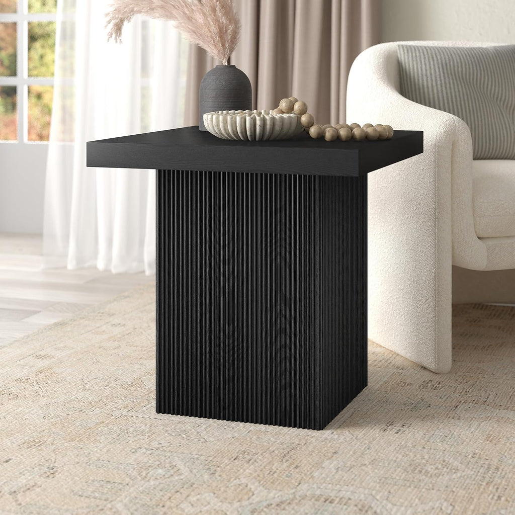 Henn&Hart 22" Fluted Modern Wooden Square End Table, Ribbed Side Table, Nightstand for Living Room, Office, Family Room, or Bedroom, Natural Black