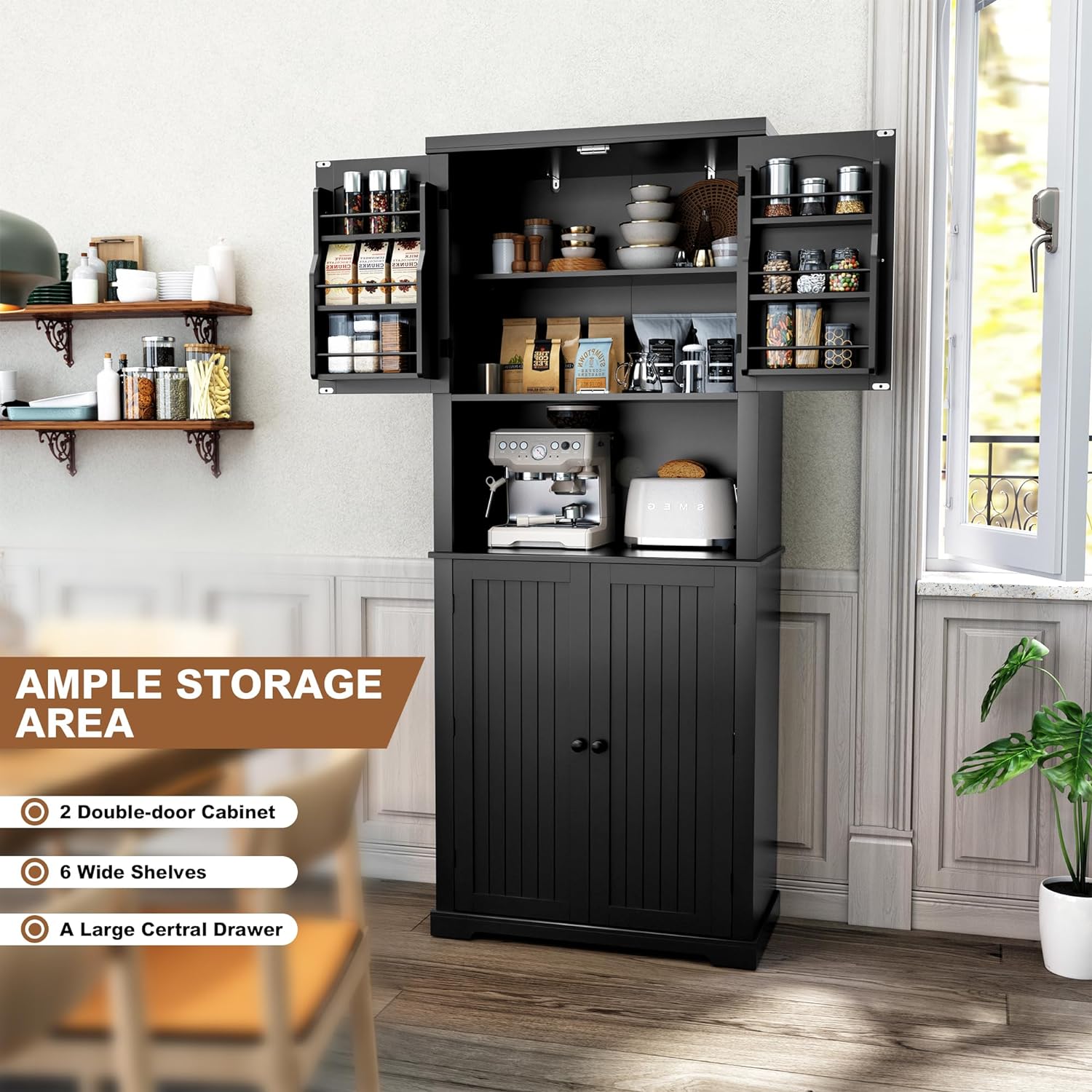 HLR 72" Kitchen Pantry Storage Cabinet with Open Countertop, Freestanding Larder Cupboard with Microwave Stand, Utility Laundry Room Storage Cabinet with Doors and Shelves for Dining Room, Living Room