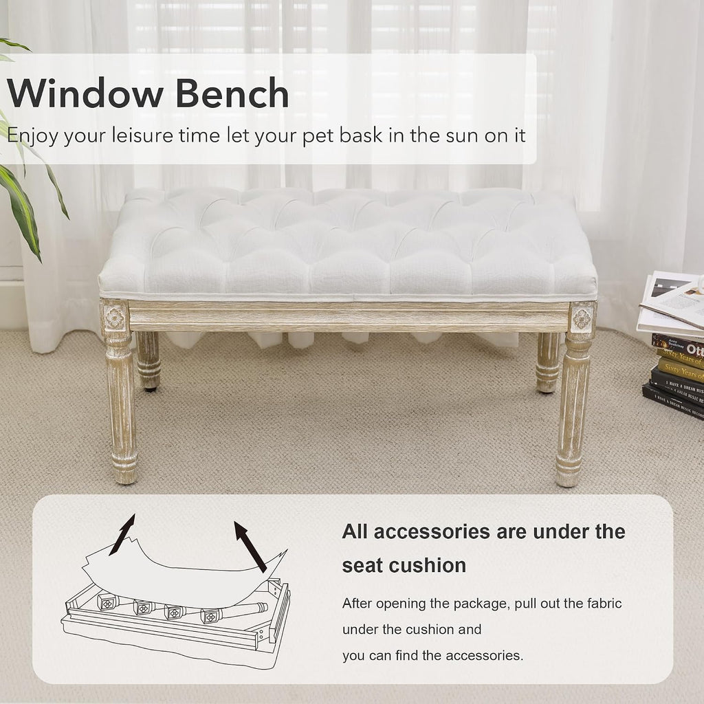 LOULENS French Vintage Bench, Linen Fabric Entryway Bench, Upholstered Tufted End of Bed Bench with Brushed Wood Legs, White