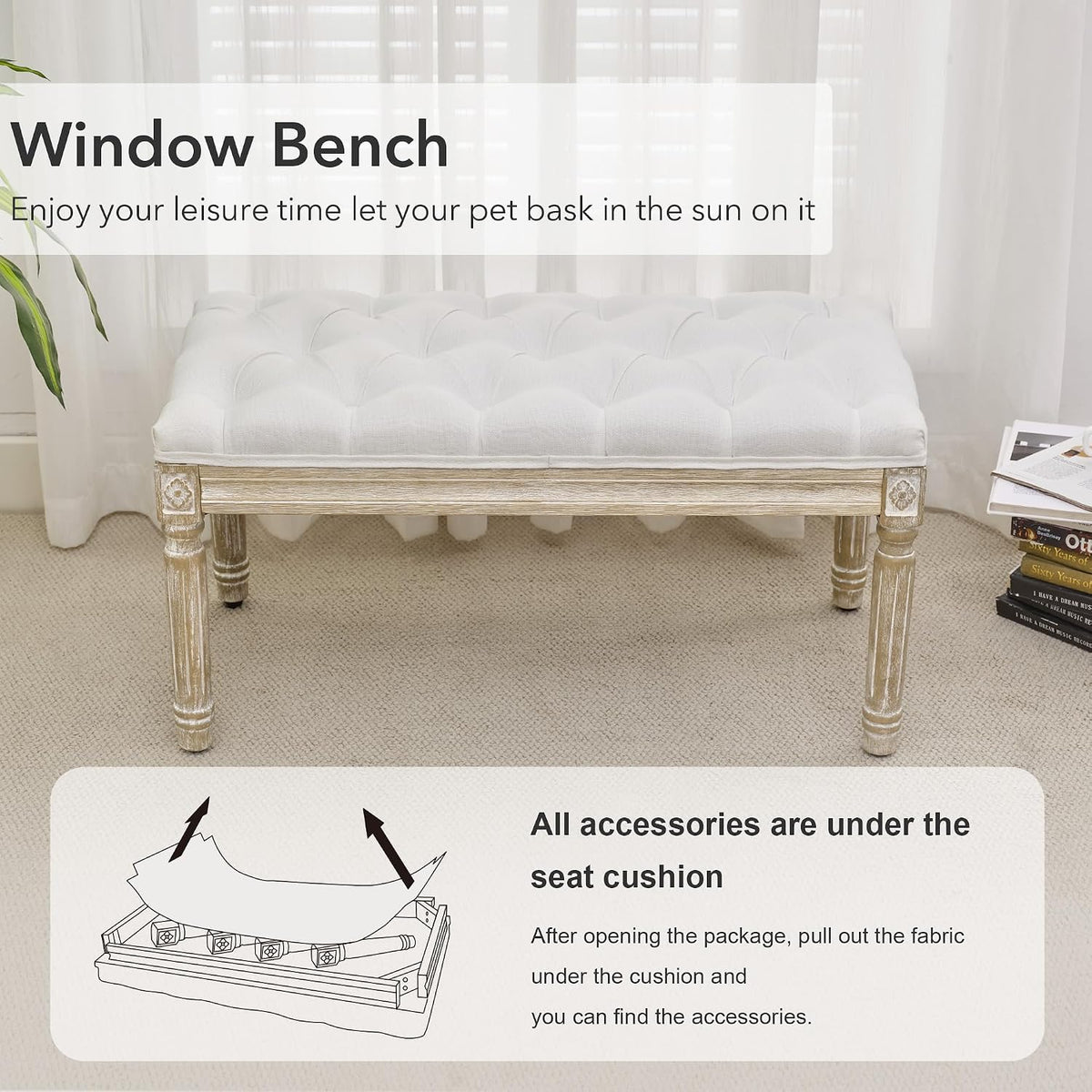 LOULENS French Vintage Bench, Linen Fabric Entryway Bench, Upholstered Tufted End of Bed Bench with Brushed Wood Legs, White