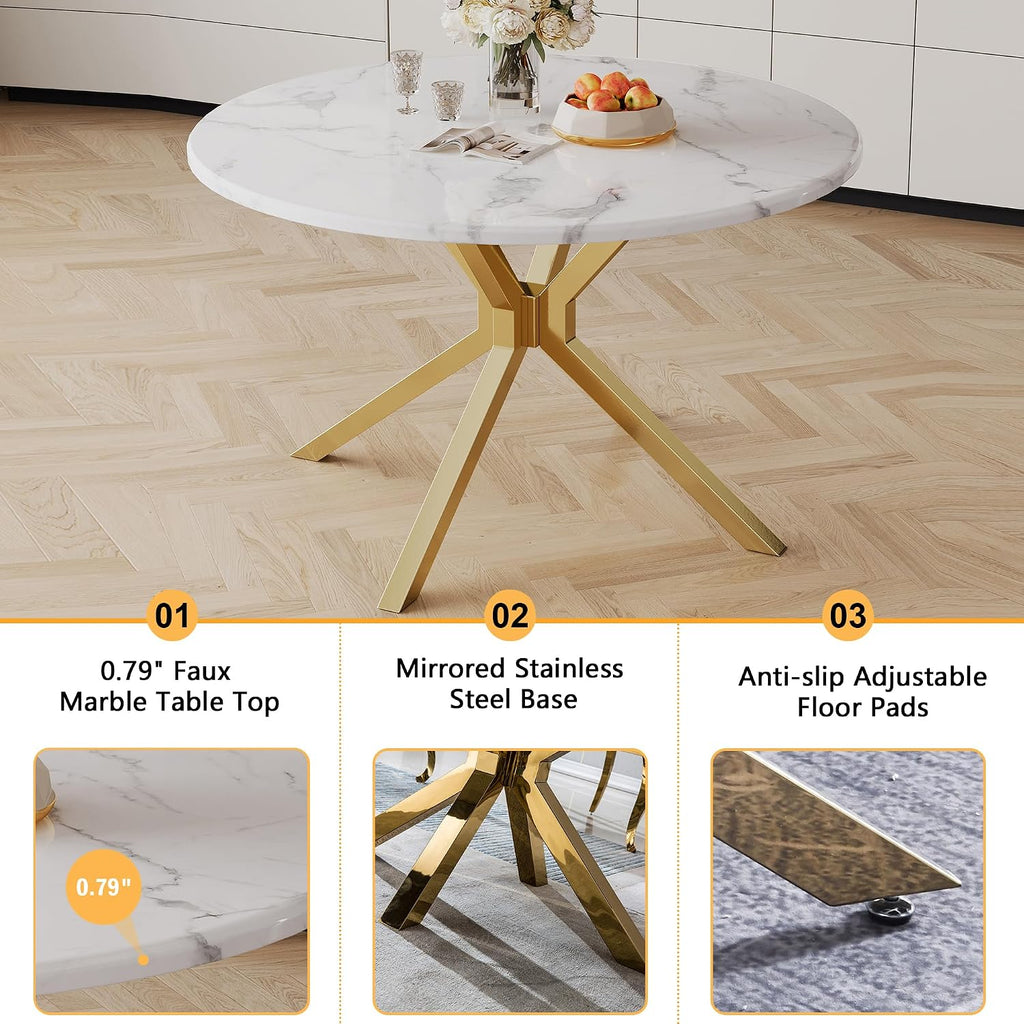 45" Marble Round Dining Table for 4 People, Modern Pedestal Kitchen Table with Mirrored Stainless Steel Cross Base & Faux Marble Top, Luxury Circle Dinner Table for Dining Room, Kitchen, Living Room