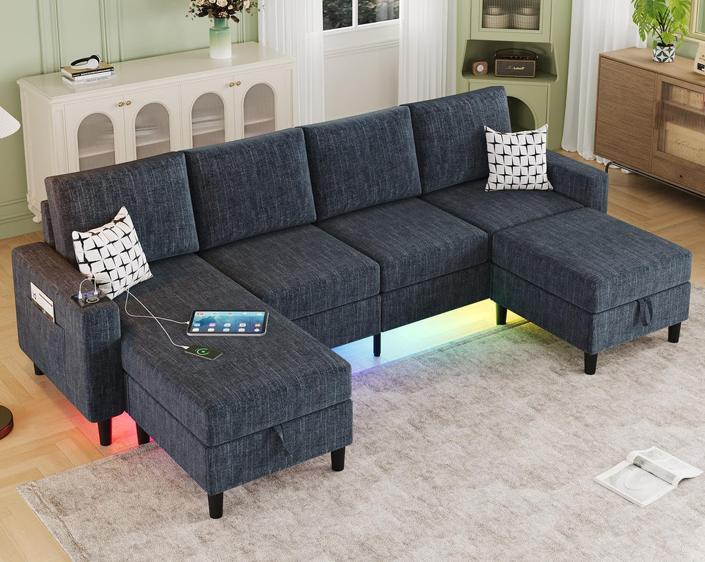 Sectional Couches for Living Room, 6-Seats Soft Linen Fabric Sectional Sofa with Storage Ottoman, Modern Convertible U/L Shaped Couch with Smart Charging Module/LED Light/Music Sync (Blue)