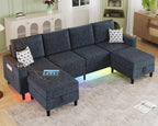 Sectional Couches for Living Room, 6-Seats Soft Linen Fabric Sectional Sofa with Storage Ottoman, Modern Convertible U/L Shaped Couch with Smart Charging Module/LED Light/Music Sync (Blue)
