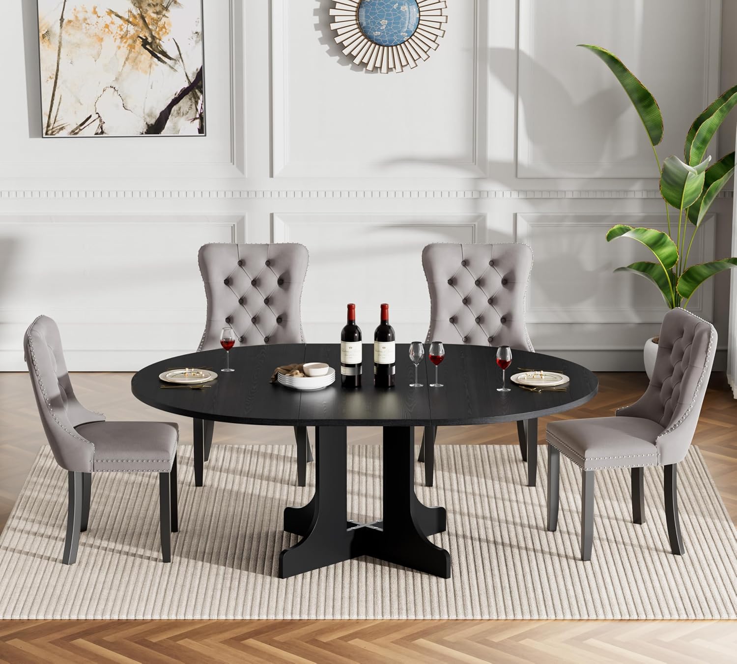 Henf 5 Piece Round Extendable Dining Table Set for 4, 43"-59" Wood Oval Expanding Kitchen Table with 4 Chairs, Space Saving Extendable Dining Room Tables with Pedestal Base (Black & Gray)