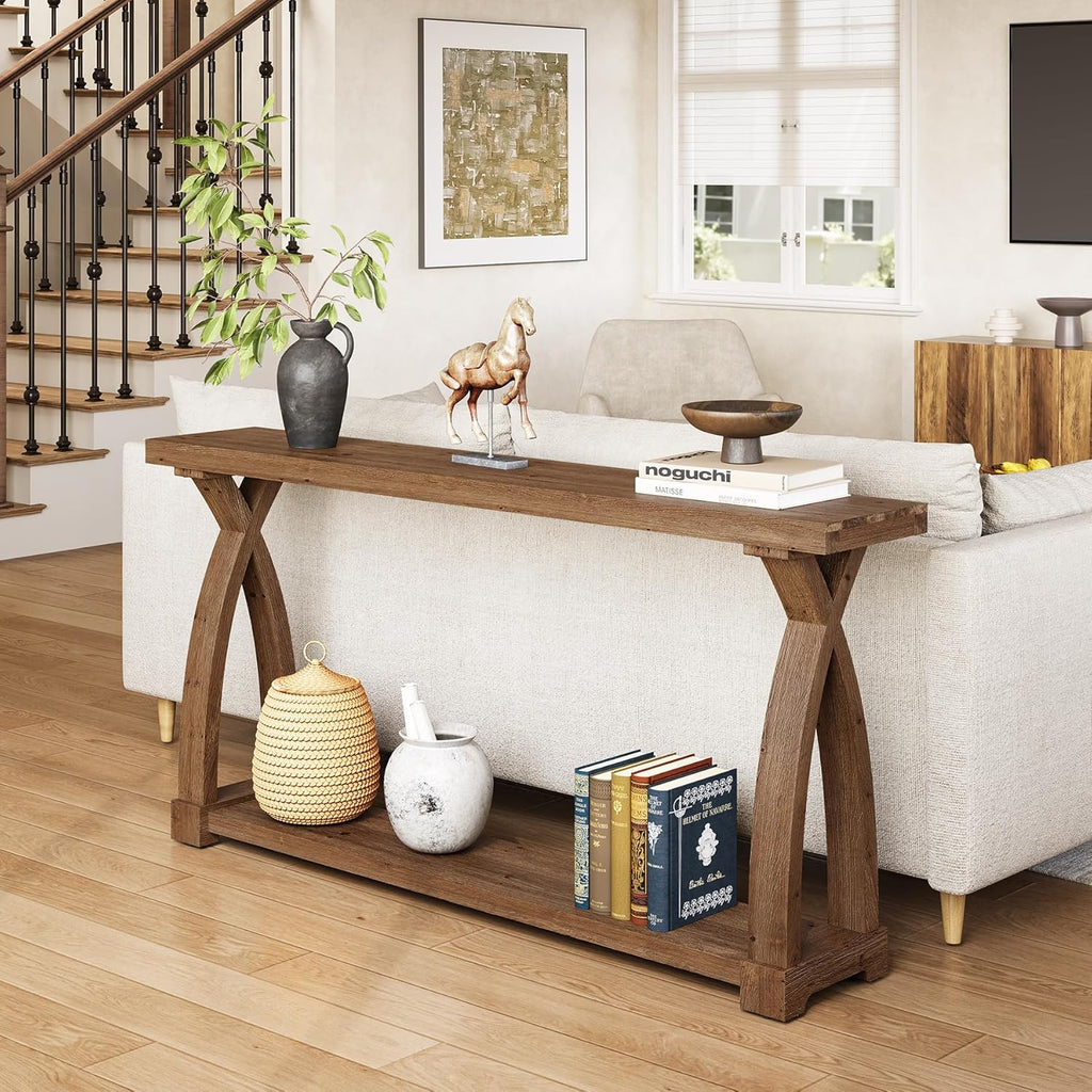 Solid Wood Console Table for Entryway, 63-Inch Narrow Farmhouse Couch Table Behind Sofa with 2-Tier Storage for Entrance, Foyer, Living Room, Long, Dark Brown