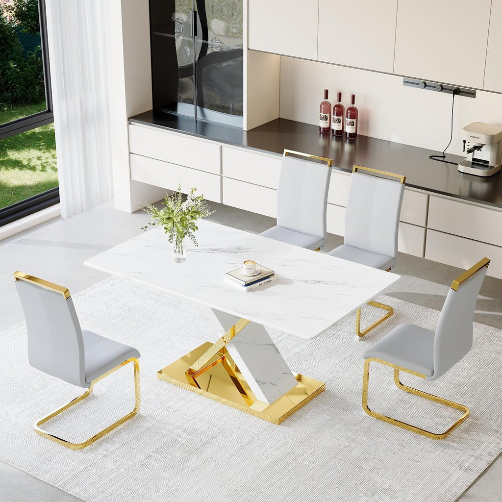 YUNDREAM Modern Marble Dining Table Set for 4,White Gold 63'' Dining Table with Chrome Plated X-Shaped Frame and LightGrey Leather Dining Chairs,Easy Assemble,Kitchen Table and Chairs for Dining Room