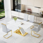 YUNDREAM Modern Marble Dining Table Set for 4,White Gold 63'' Dining Table with Chrome Plated X-Shaped Frame and LightGrey Leather Dining Chairs,Easy Assemble,Kitchen Table and Chairs for Dining Room