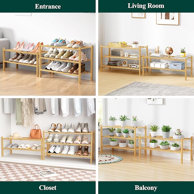 Smiry Bamboo Shoe Rack for Closet, 3 Tier Wooden Stackable Shoe Organizer, Free Standing Shoes Storage Shelf for Entryway, Front Door Entrance, Natural