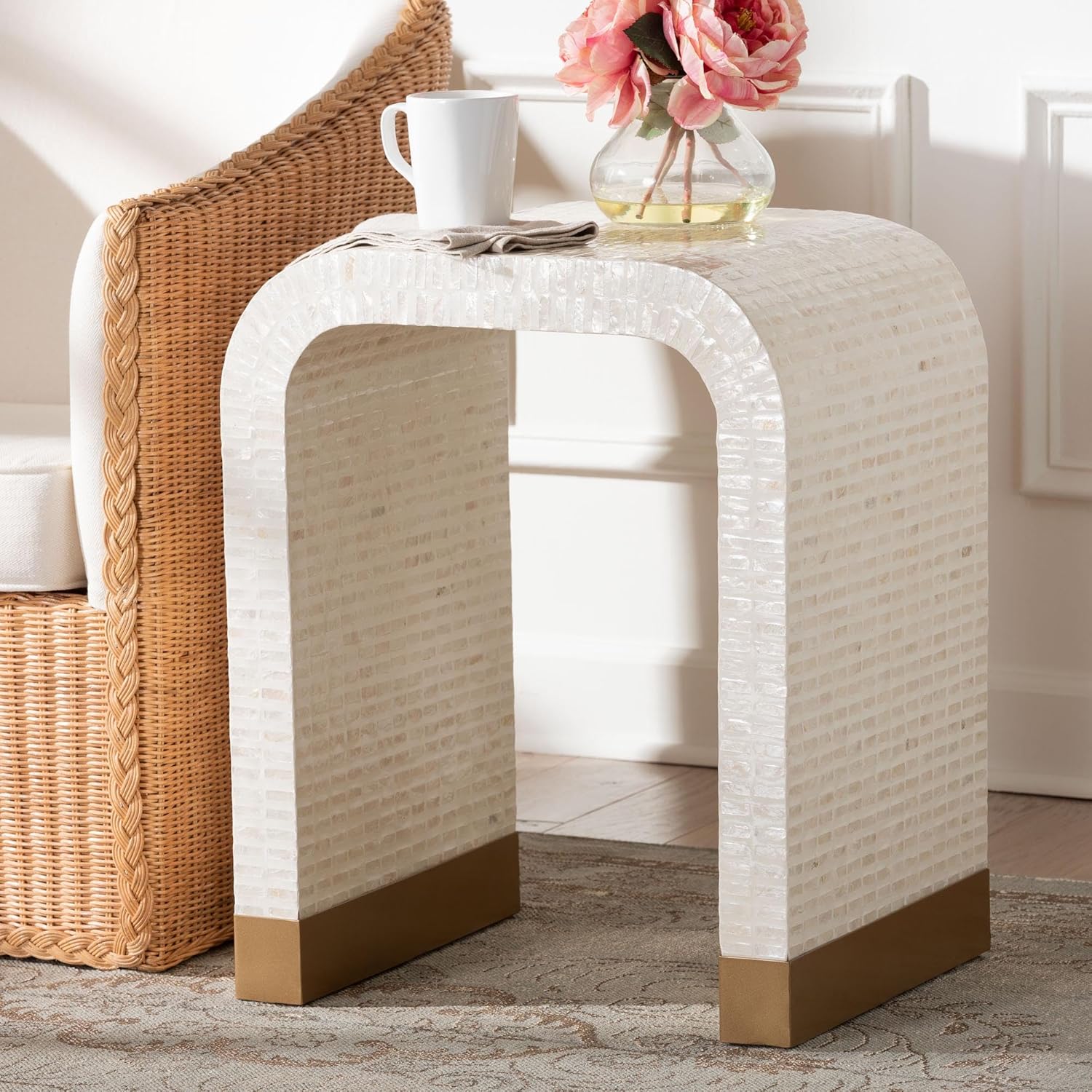Bali & pari Carlyn Coastal Beige and White Mother of Pearl Capiz Shell End Table