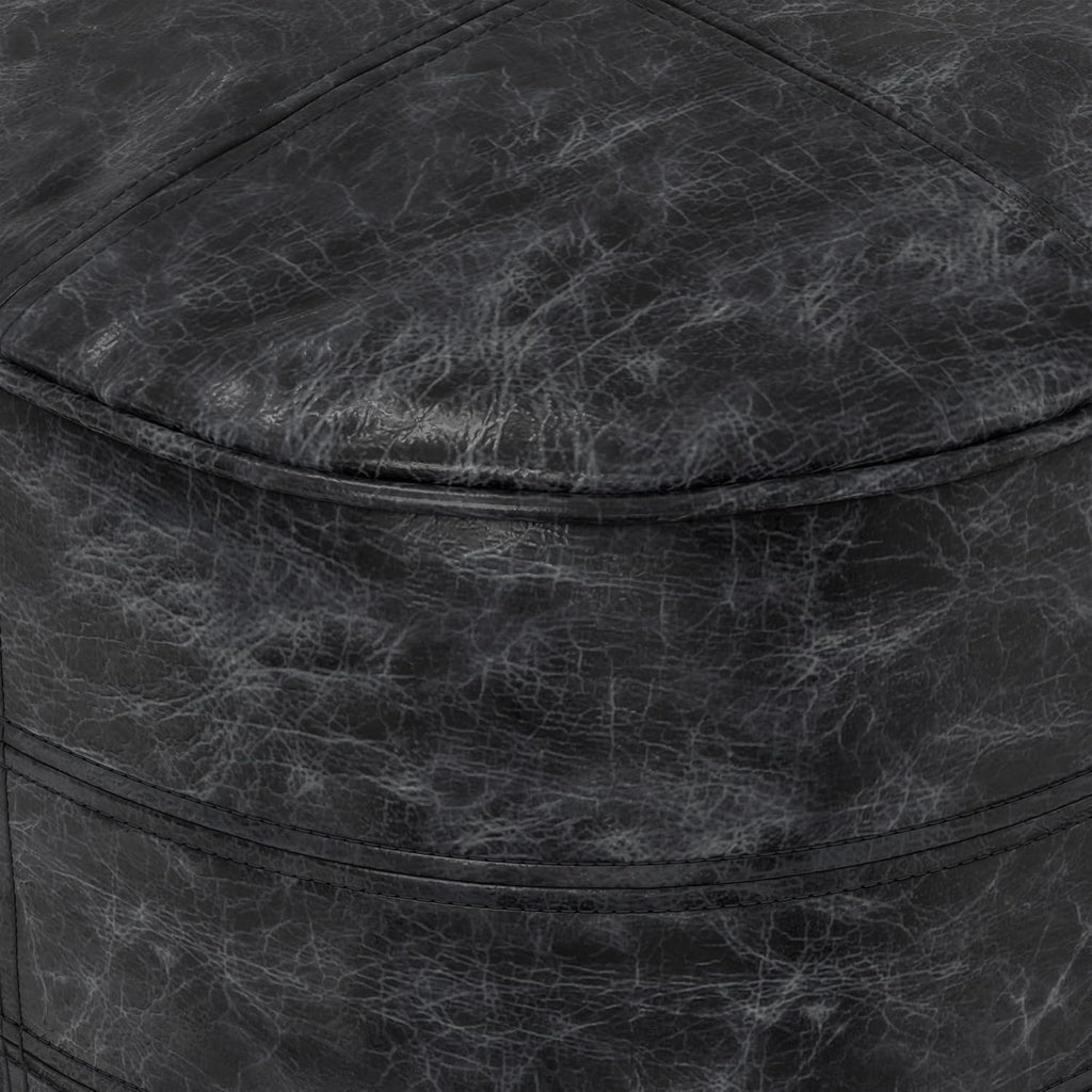 SIMPLIHOME Connor 18" Wide Round Pouf in Distressed Black Genuine Leather