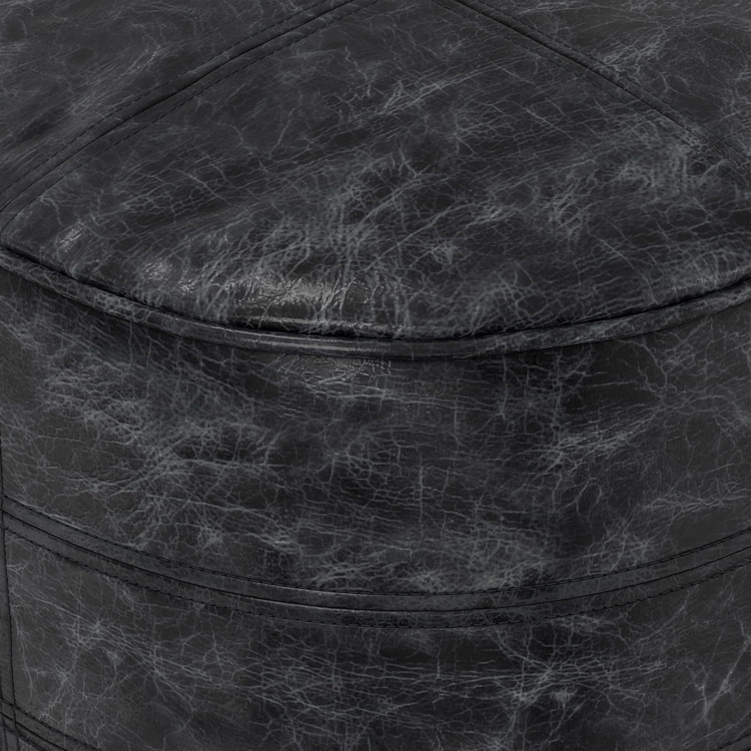 SIMPLIHOME Connor 18" Wide Round Pouf in Distressed Black Genuine Leather