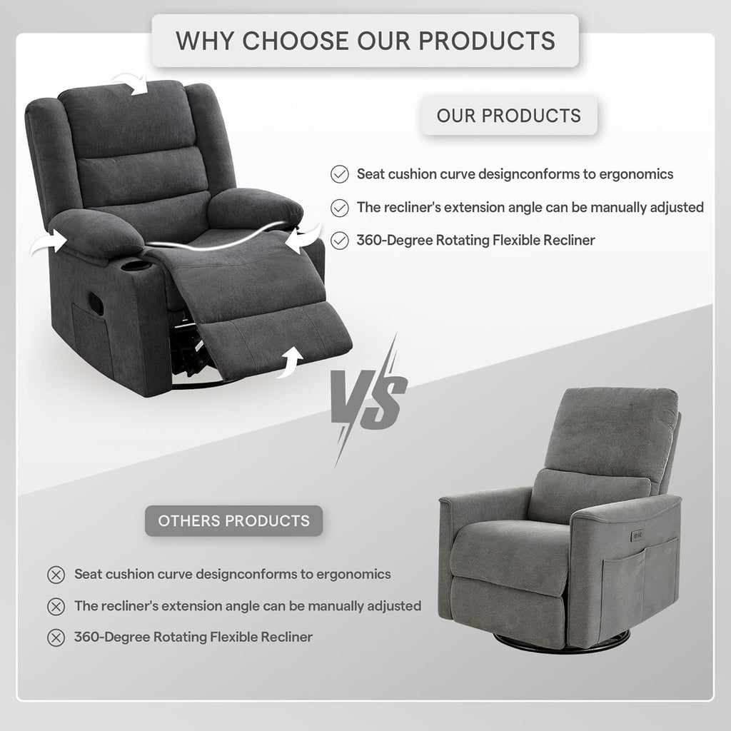 360°Swivel Rocking Chairs for Adult,Recliner Chair with Side Pockets and Cup Holders,Rocker Recliner with a Suitable for Living Rooms,Bedrooms,Grey
