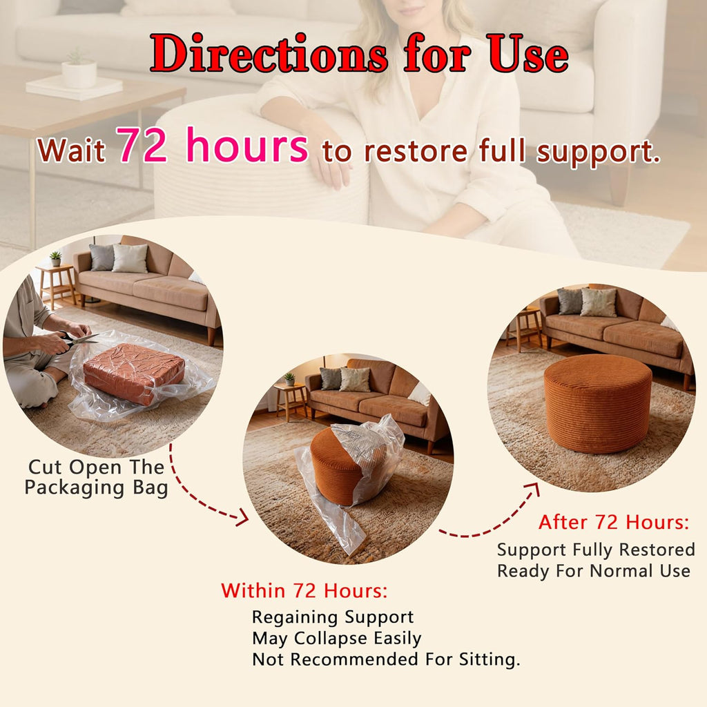 Thgonwid Round Ottoman Pouf, Plush Corduroy Foot Stool with High-Density Memory Foam, 3-in-1 Footrest Extra Seating Side Table for Living Room Bedroom Home Decor, 20 x 14 Inch, Burnt Orange