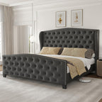 LARMACE Queen Size Bed Frame Velvet Upholstered Platform Bed with Wingback Headboard & Footbaord, Deep Button Tufted Bed Frame with Wood Slats Support, No Box Spring Needed, Grey