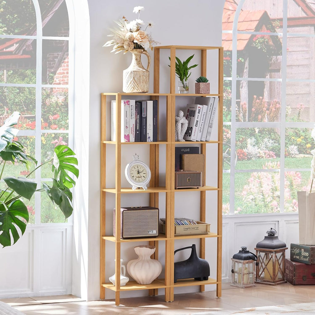 YUFAM 54in Tall Bookshelf 5-Tier Small Narrow Bookcase, Skinny Book Shelf for Small Space, Farmhouse Slim Shelf with Storage, Wood Freestanding Display Thin Bookshelves for Living Room, Natural