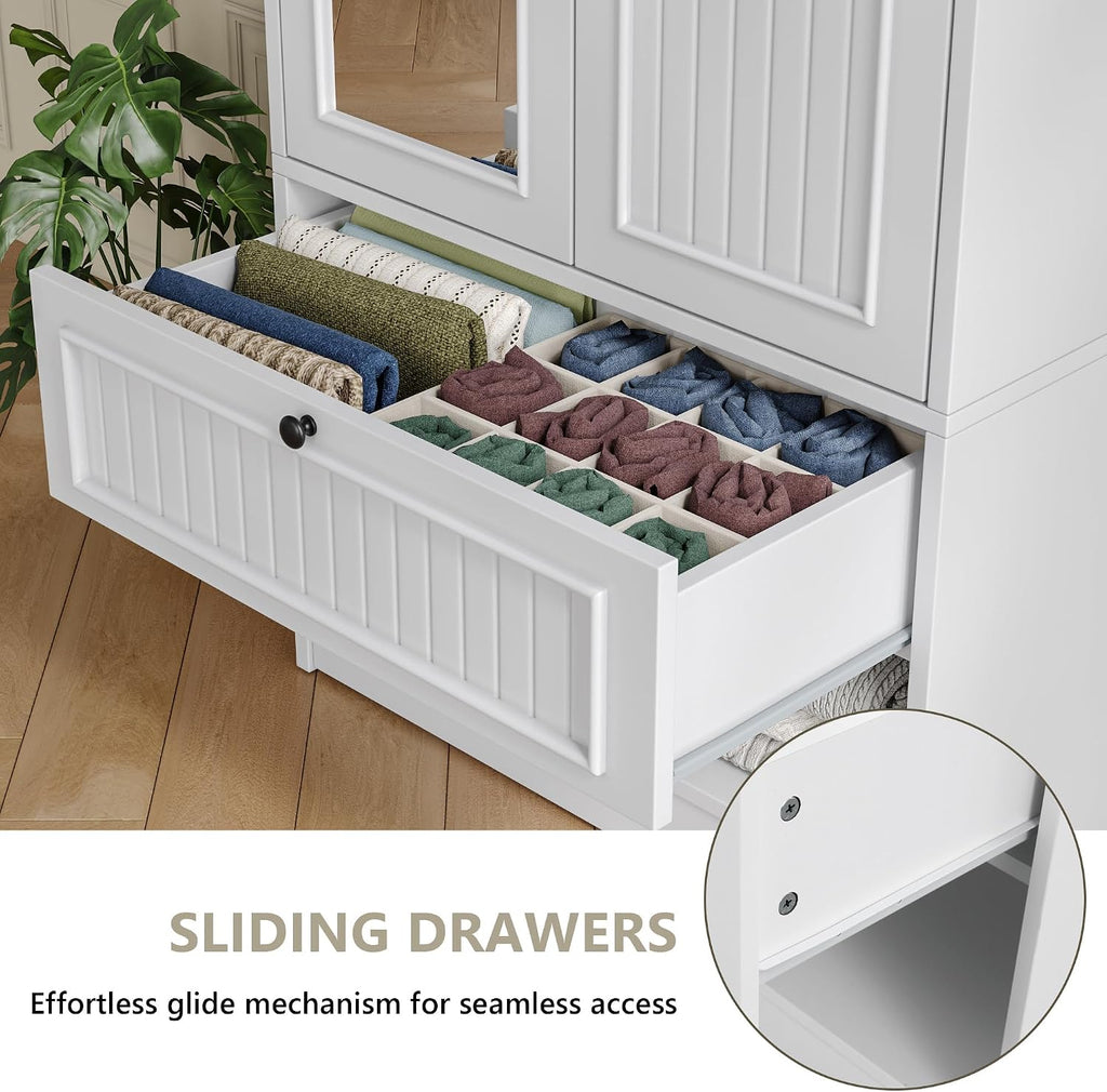 Feonase Armoire Wardrobe Cabinet with Mirror and Drawer, 70" 2-Door Wooden Closet Organizer for Bedroom Storage, White