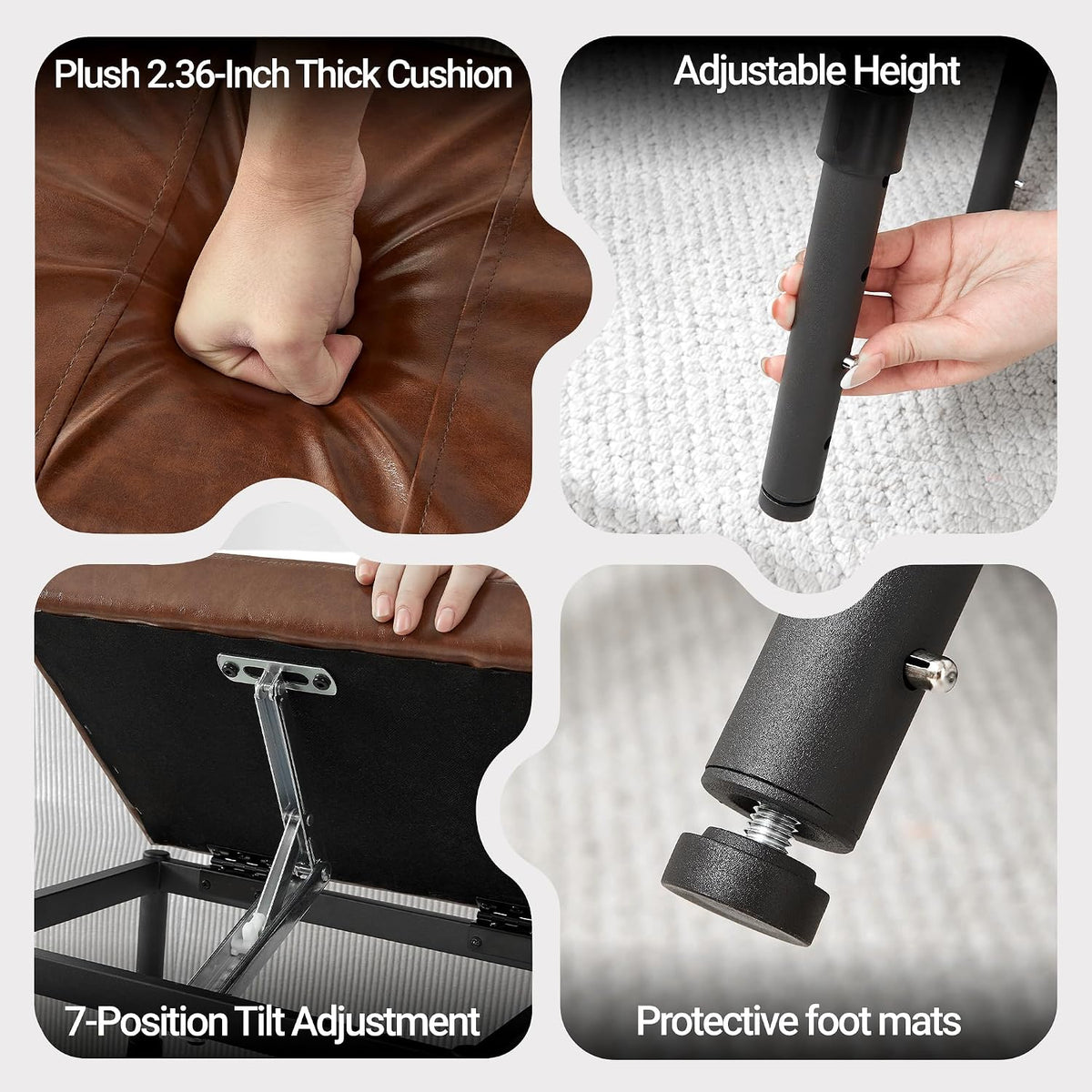 TIOPGHAD Adjustable Ottoman Pouf, 60 Degree Tilt, Brown Synthetic Leather | 4-Height Footrest, 28 Positions, Iron frame, Foam Cushion, 15.74 x 11.81 x 13.34 in, Under Desk, Living room, Home Office"