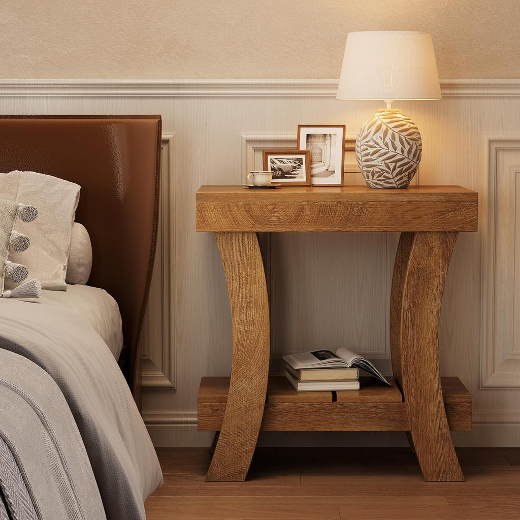 LITTLE TREE Narrow Side Table with Storage Shelf, 2-Tier Rectangular End Table with Wood Legs, Small Night Stand for Bedroom, Living Room, Small Spaces, 11.81" D x 23.62" W x 23.62" H