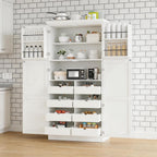71 Inch Kitchen Pantry Cabinet with Pull-Out Trays, White | White P2 MDF, kitchen or dining room, door shelves, adjustable shelf, freestanding design, 17.6 in D, 35.5 in W