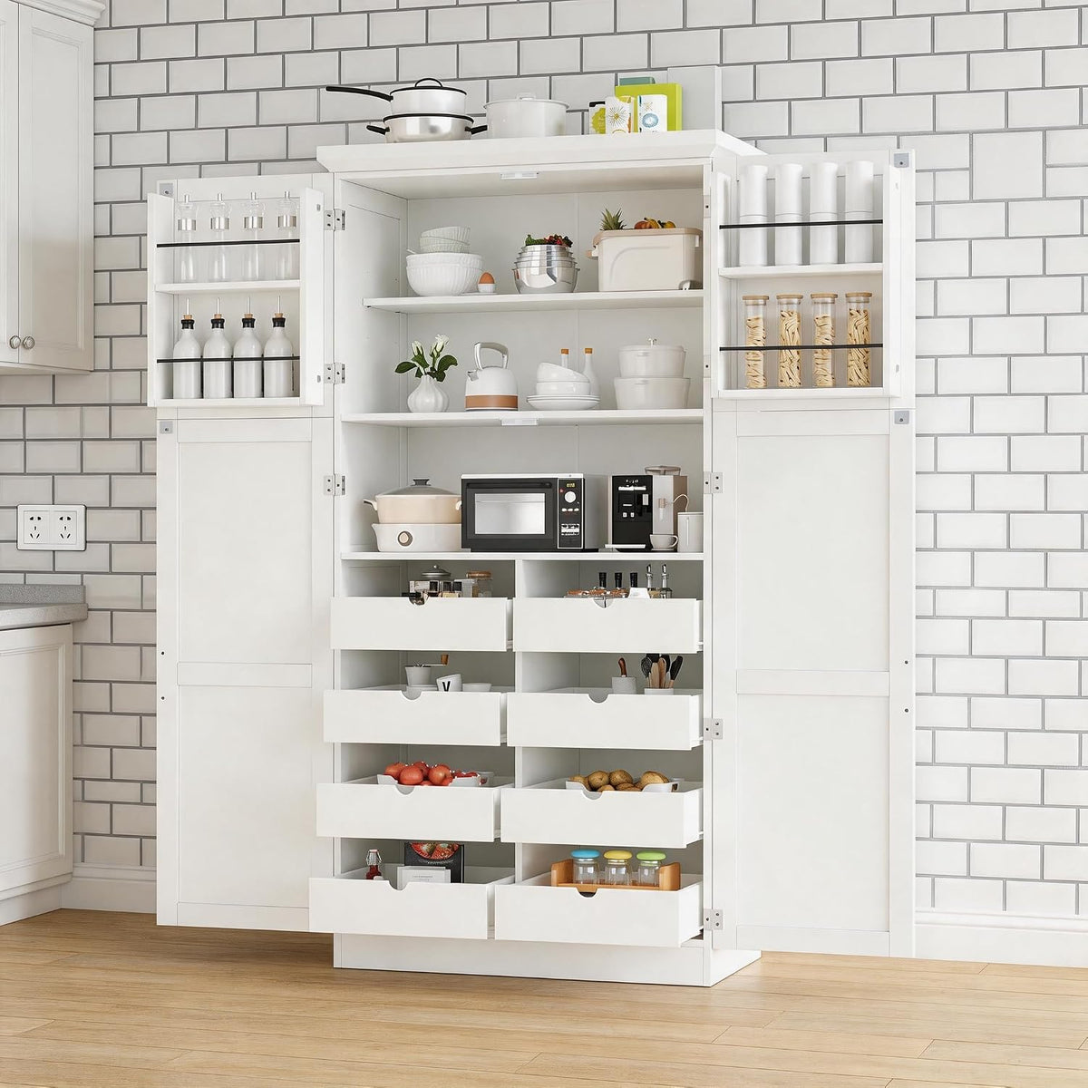 71 Inch Kitchen Pantry Cabinet with Pull-Out Trays, White | White P2 MDF, kitchen or dining room, door shelves, adjustable shelf, freestanding design, 17.6 in D, 35.5 in W