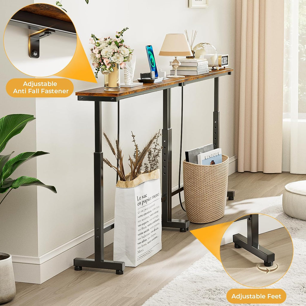 Dicasser 2 Pack Narrow Console Sofa Table with Adjustable Height (22"-33") & 2 Power Outlets, Skinny Behind Couch Table for Living Room Entryway Hallway, 79" L x 7" W x 33" H (Rustic Brown)