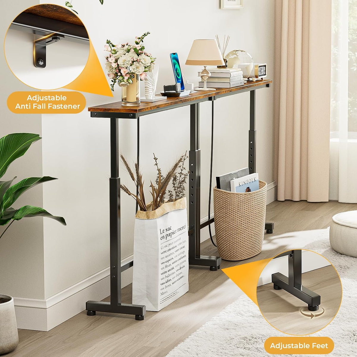 Dicasser 2 Pack Narrow Console Sofa Table with Adjustable Height (22"-33") & 2 Power Outlets, Skinny Behind Couch Table for Living Room Entryway Hallway, 79" L x 7" W x 33" H (Rustic Brown)