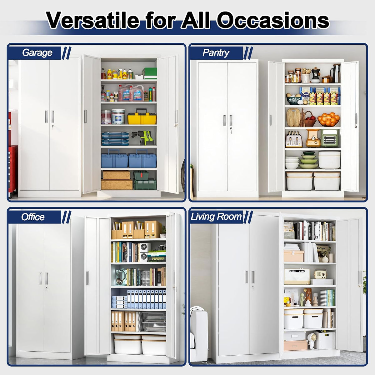BESFUR Metal Storage Cabinet with 2 Doors and 5 Adjustable Shelves Garage Storage Cabinet with Lock 71" Office Storage Cabinets Locking Cabinets for Garage Office Shop Home (White)