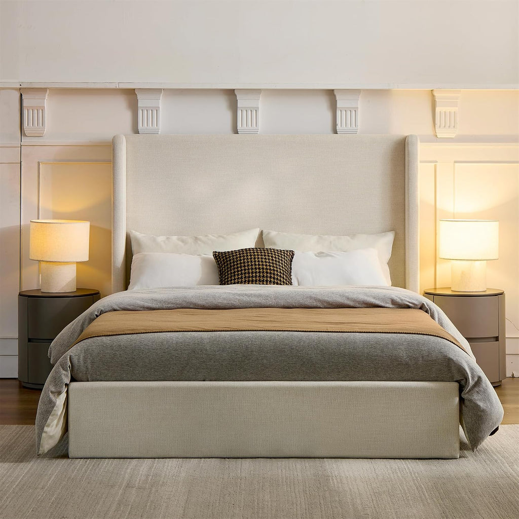 California King Upholstered Bed Frame 52" Tall Wingback Headboard