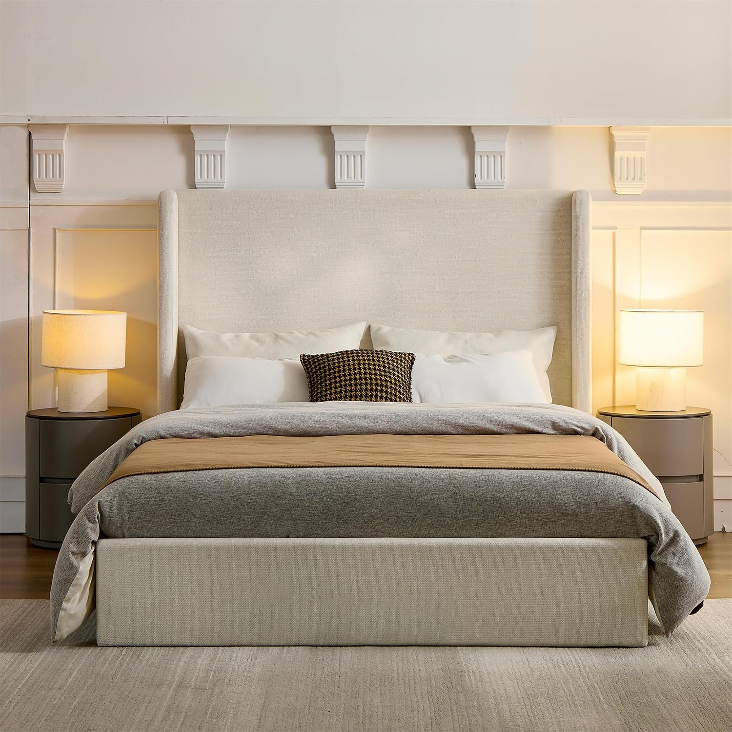 California King Upholstered Bed Frame 52" Tall Wingback Headboard
