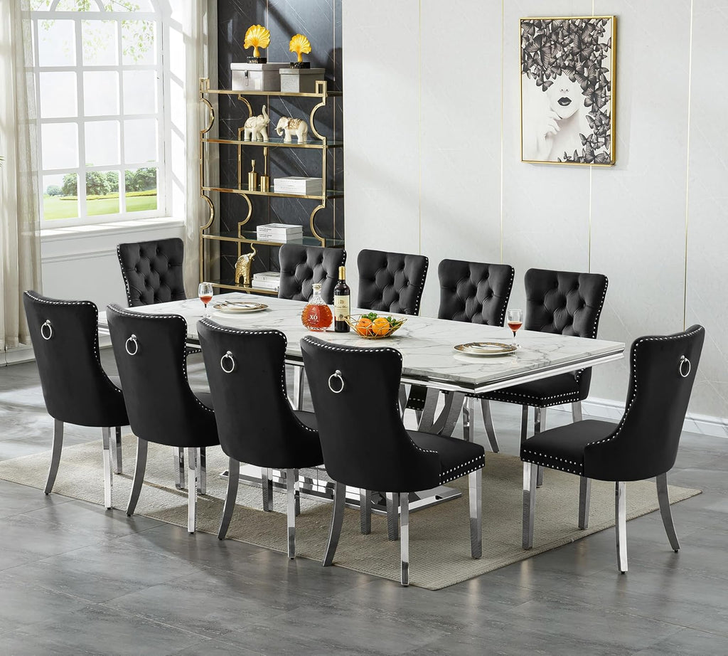 94.5" Large Dining Table for 10-12 People, Modern White Rectangle Kitchen Dinner Table w/Faux Marble Top&Silver Steel U-Base, Extral Long Dining Room Tables for Kitchen Living Room