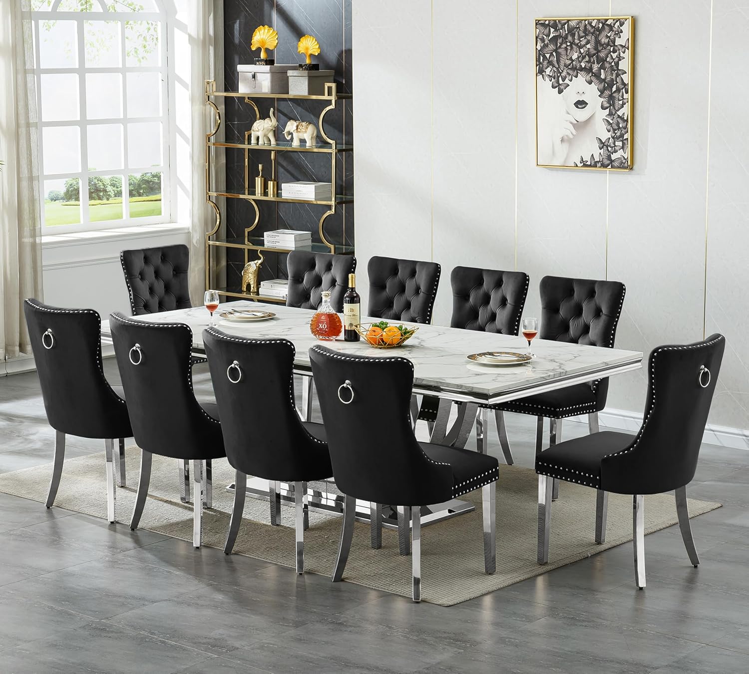 94.5" Large Dining Table for 10-12 People, Modern White Rectangle Kitchen Dinner Table w/Faux Marble Top&Silver Steel U-Base, Extral Long Dining Room Tables for Kitchen Living Room