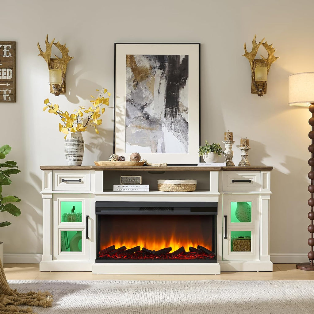 3-Side Fireplace TV Stand for up to 80 Inch TV, LED Entertainment Center with 36 Inch Electric Fireplace, Farmhouse TV Console Table w/Drawers & Cabinets for Living Room, White